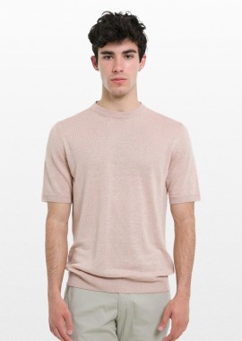 +39MASQ Ανδρικό Ροζ Classic Crew Neck Linen T-Shirt