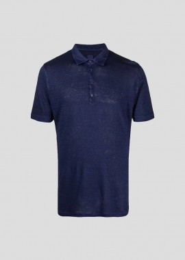 120% LINO - 120% LINO Ανδρικό Μπλε Μélange Semi-Sheer Polo Shirt