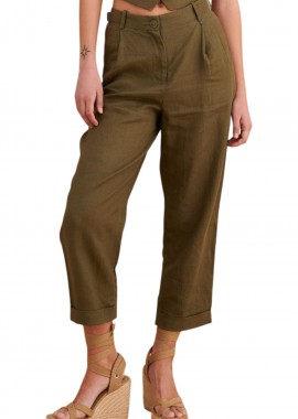Παντελόνι Υφασμάτινο Attrattivo Λινό Με Ρεβέρ 9923000-KHAKI Γυναικείο