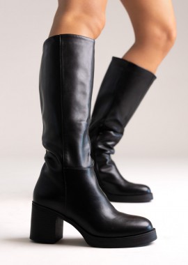 Ideal shoes - Ideal shoes Μπότες με Ψηλό Τακούνι Block - 1615 - Μαύρο Ματ
