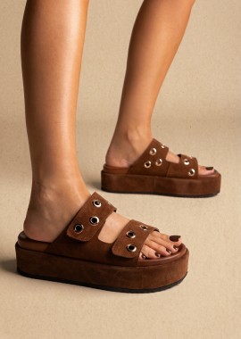 ATENEO - ATENEO Flatform Σανδάλια με Velcro Ρυθμιζόμενα - 64304 - Καφέ Σουέτ
