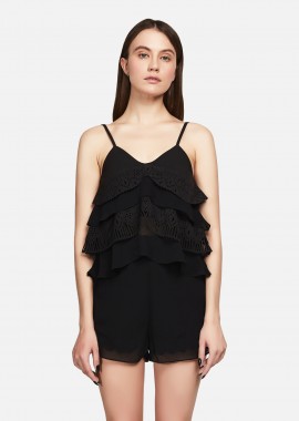 Ruffled Tank Top In Black Crepe