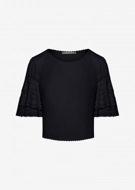 Cropped T-Shirt with Ruffled Sleeves in Black