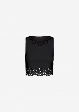 Cropped Tank Top with Laser-Cut Print around Hem in Black