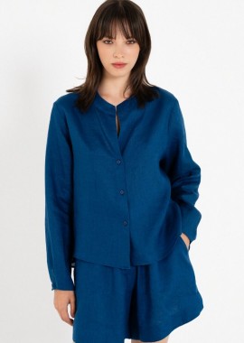 Philosophy Linen Cropped Shirt SH77173 Μπλέ