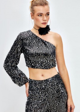 Aurora γυναικείο crop top με έναν ώμο από παγιέτες γκρι