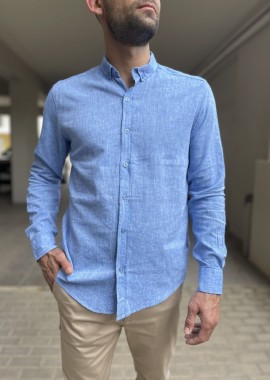 Ανδρικό λινό σιέλ πουκάμισο με γιακά 9631