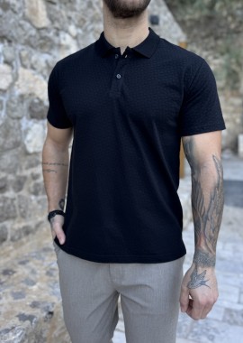 Ανδρική μαύρη Polo κοντομάνικη μπλούζα με ανάγλυφο ύφασμα 252838M