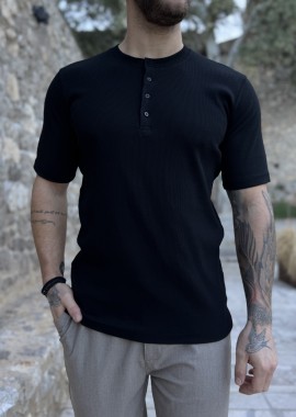 Marrakech ανδρική μαύρη ριπ κοντομάνικη μπλούζα με κουμπιά TST2755M