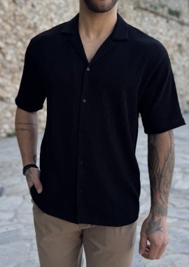 Ανδρικό μαύρο κοντομάνικο πουκάμισο με σαγρέ ύφασμα TST2733