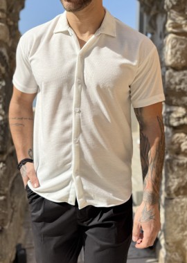 Ανδρικό πλεκτό λευκό κοντομάνικο πουκάμισο RMZ19134