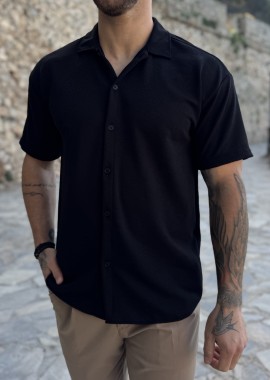 Ανδρικό γκοφρέ μαύρο oversized κοντομάνικο πουκάμισο RMZ19138M