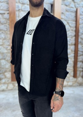 Ανδρικό μαύρο κοτλέ Overshirt με γιακά RMZ470M