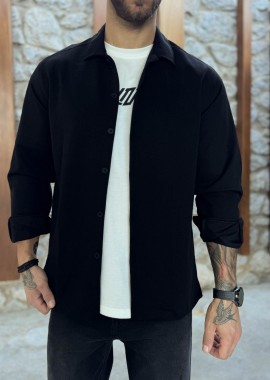 Ανδρικό μαύρο διαγωνάλ Overshirt με γιακά RMZ456
