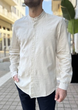 Ανδρικό λινό μπεζ πουκάμισο με μάο γιακά 2347