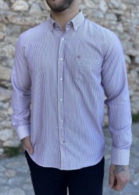 Ανδρικό μπορντό ριγέ πουκάμισο με γιακά και τσέπη στο στήθος 562B