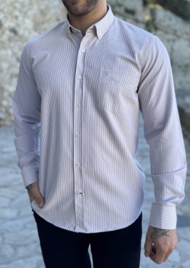 Ανδρικό μπεζ ριγέ πουκάμισο με γιακά και τσέπη στο στήθος 562S