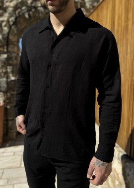 Marrakech ανδρικό λινό μαύρο πουκάμισο με γιακά TST2530