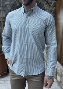 Ανδρικό πράσινο ριγέ πουκάμισο με γιακά και τσέπη στο στήθος 562P