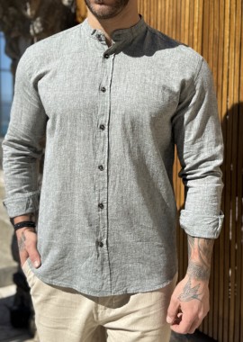 Ανδρικό λινό χακί πουκάμισο με μάο γιακά 9663X