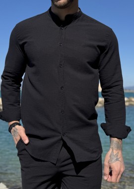 Ανδρικό λινό μαύρο πουκάμισο με μάο γιακά 9663M