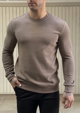 Ανδρική καφέ πλεκτή βαμβακερή μακρυμάνικη μπλούζα plus size 2308