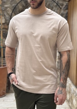 Ανδρική βαμβακερή μπεζ κοντομάνικη Oversized μπλούζα KEF2622B