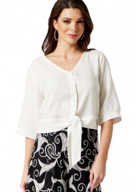 Anna Raxevsky - ΕΚΡΟΥ LINEN-LOOK CROP TOP ΠΟΥΚΑΜΙΣΟ