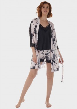 gsecret - Γυναικείο σετ σατέν baby doll & ρόμπα all print flowers.Συσκευασία 3pack ΡΟΖ
