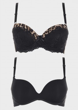 gsecret - Γυναικείο σουτιέν balconette animal print & basic bra.Kαλύπτει Β CUP ΜΑΥΡΟ
