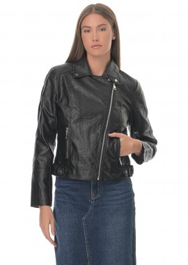 gsecret - Γυναικείο δερματίνι biker jacket εσωτερική επένδυση γούνας ΜΑΥΡΟ