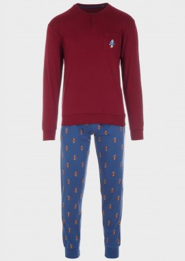 Ανδρική πιτζάμα σετ μπλούζα με τσεπάκι all print παντελόνι.Homewear Collection ΜΠΟΡΝΤΩ