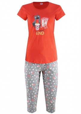 vienetta - Γυναικείο πιτζάμα κάπρι Vienetta στάμπα weekend ΚΟΚΚΙΝΟ
