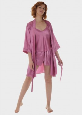 Γυναικείο σετ σατέν baby doll & ρόμπα μονόχρωμη.Saten Collection.Συσκευασία 3pack ΡΟΖ