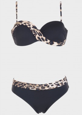 gsecret - Set bikini strapless με λεπτομέρειες animal print. Kαλύπτει C Cup ΜΑΥΡΟ