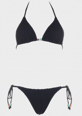 Γυναικείο σετ bikini τριγωνάκι μονόχρωμο διακοσμητικές χάντρες.Καλύπτει B Cup ΜΑΥΡΟ