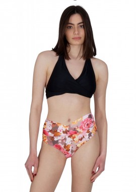 Γυναικείο set μαγιό φαρδύ τρίγωνο με ενίσχυση bikini ψηλόμεσο floral. Καλύπτει B & C Cup. ΜΑΥΡΟ