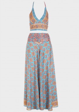 gsecret - Σετ ethnic παντελόνα crop top δετό all print. MULTI COLOUR