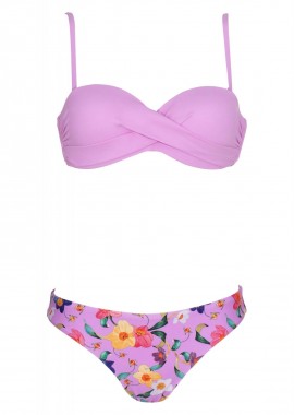 Γυναικείο set μαγιό σταθερή ενίσχυση bikini floral κανονική γραμμή. Καλύπτει B cup. ΛΙΛΑ