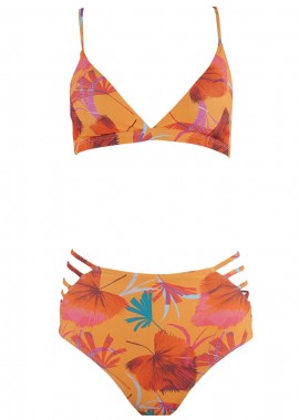 Σετ bikini floral με κορδόνια στην πλάτη & ψηλόμεσο bikini. Καλύπτει B cup. ΠΟΡΤΟΚΑΛΙ