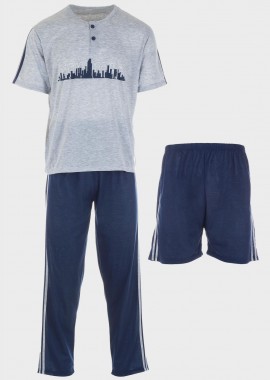 Aνδρικό σετ πιτζάμα μπλούζα κοντό μανίκι σόρτς και παντελόνι.Συσκευασία 3pack ΓΚΡΙ