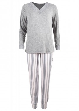 Γυναικεία πιτζάμα διακοσμητική δαντέλα παντελόνι με ρίγες. Ηοmewear Collection. ΓΚΡΙ