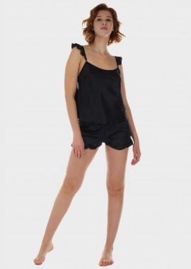 Γυναικείο σατέν μονόχρωμο baby doll λεπτομέρειες βολάν ΜΑΥΡΟ