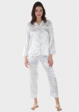 Γυναικεία σατέν πιτζάμα all print flowers παντελόνι με λάστιχο στη μέση. ΣΙΕΛ