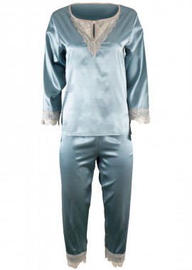 Σετ saten γυναικεία πυζάμα μακρύ μανίκι λεπτομέρειες δαντέλας. ΣΙΕΛ