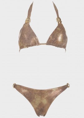 Set bikini μεταλιζέ τριγωνάκι με χρυσά διακοσμητικά. Καλύπτει B Cup SAND