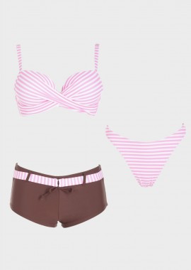 Σετ bikini push up με σόρτς και στρίνγκ. Συσκευασία 3 τεμαχίων. Καλύπτει B Cup ΡΟΖ