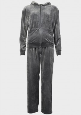 Γυναικεία φόρμα βελουτέ ζακέτα κουκούλα παντελόνι λάστιχο στη μέση. ΓΚΡΙ