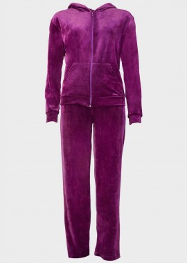 Γυναικεία φόρμα βελουτέ ζακέτα κουκούλα παντελόνι λάστιχο στη μέση. MAGENTA