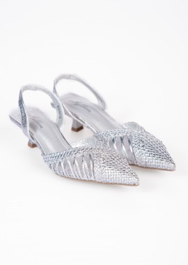 Χαμηλές open heel μυτερές γόβες με πλεκτό σχέδιο - Ασημί